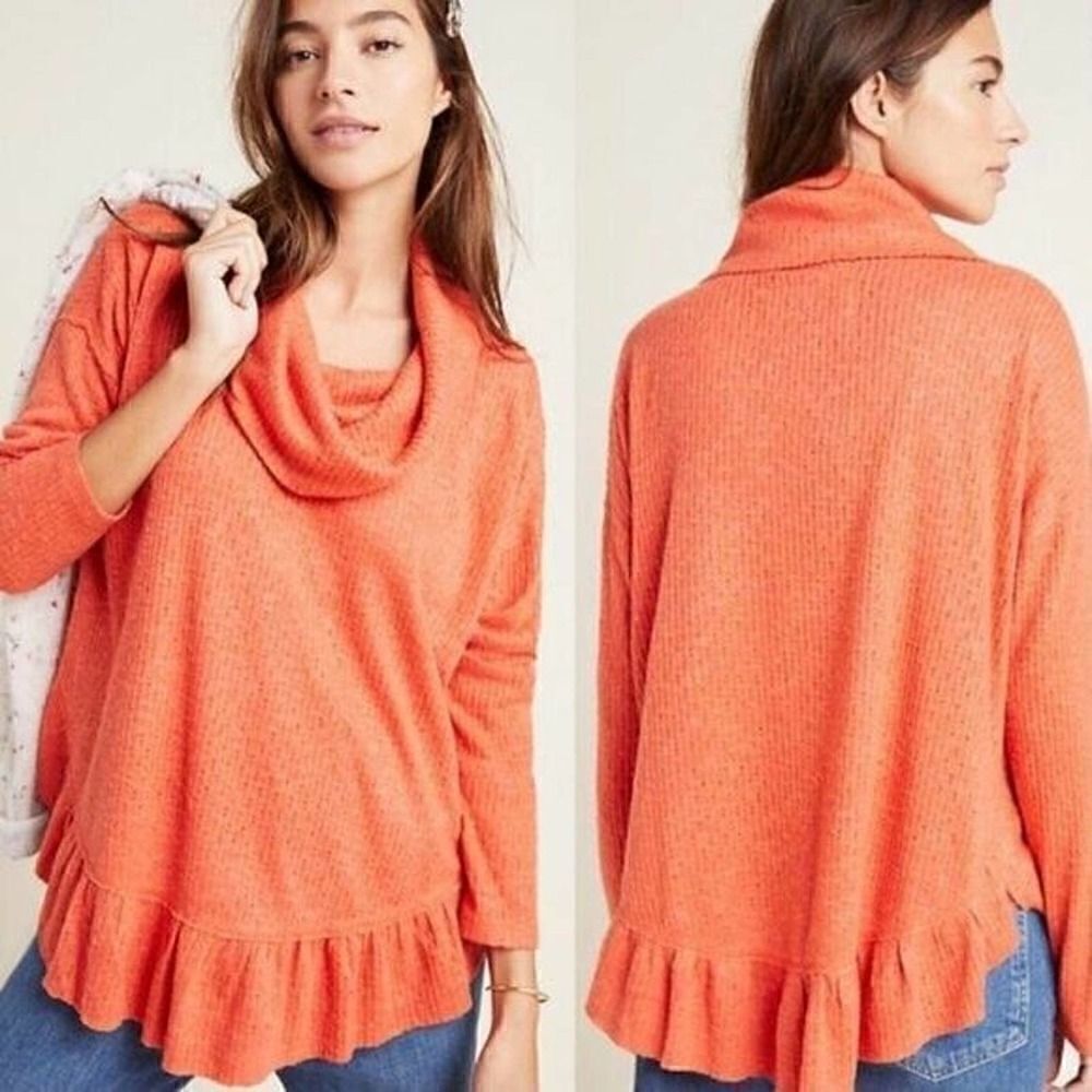 Anthropologie Maeve Addie Ruffled Hacci Orange cowl neck Sweater size XS